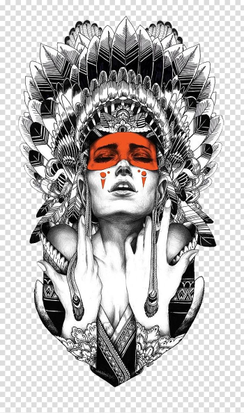 Woman wearing war bonnet illustration, Tattoo artist Native Americans in the United States Indigenous peoples of the Americas Black-and-gray, others transparent background PNG clipart