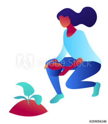 Woman with pot sitting and growing a plant, tiny people isometric 3D illustration