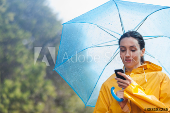 Woman with umbrella using smart phone in rain Woman with umbrella using smart phone in rain