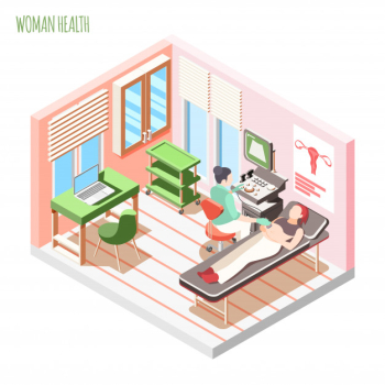 Women health isometric composition with female doctor and woman laying on couch during ultrasound checking vector illustration Free Vector