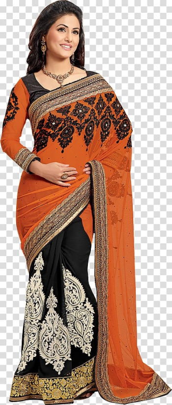 Women's orange and black sari dress, Hina Khan Wedding sari Georgette Lehenga-style saree, clearance sale. transparent background PNG clipart