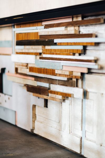 Wooden installation with shelves Wooden installation with shelves
