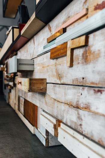 Wooden installation with shelves Wooden installation with shelves