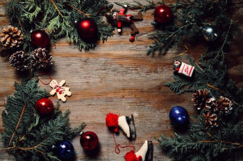 Woodgrain With Christmas Ornaments Woodgrain With Christmas Ornaments