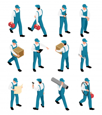 Workers isometric icons set with male characters in uniform with tools in different poses isolated Free Vector