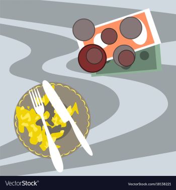 Workplace desk scrambled eggs and money top angle vector image Workplace desk scrambled eggs and money top angle vector image