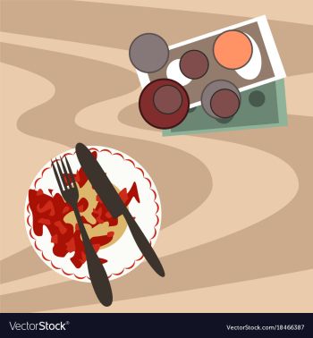 Workplace desk scrambled eggs and money top angle vector image Workplace desk scrambled eggs and money top angle vector image