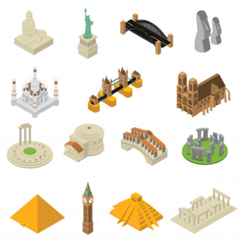 World famous landmarks isometric icons set Free Vector