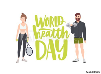 World Health Day celebratory banner with people performing physical exercise, fitness workout, sports, male bodybuilder with dumbbell and female tennis player