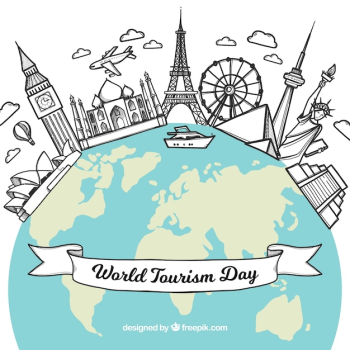 World tourism day background with world and monuments