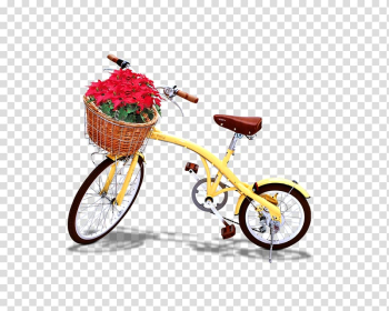 Yellow bicycle and red flowers in basket illustration, T-shirt Bicycle frame Poster, bicycle transparent background PNG clipart