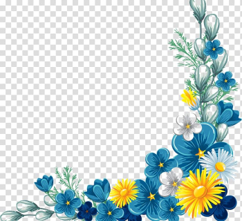 Yellow, grey, and blue flowers border, Flower Yellow , Decorative borders transparent background PNG clipart