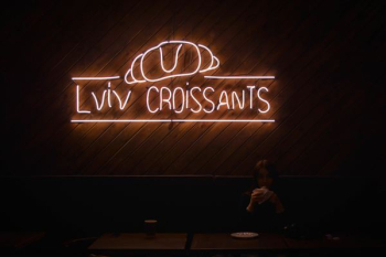 yellow LVIV Croissants neon sign yellow LVIV Croissants neon sign