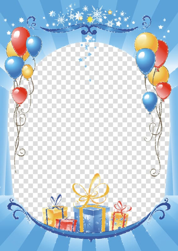 Yellow, red, and blue balloons illustration, Paper Birthday frame Balloon , Colorful balloons decorated gift transparent background PNG clipart