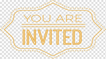 You are invited banner illustration, Logo Brand Yellow Font, Cartoon gold label sticker transparent background PNG clipart