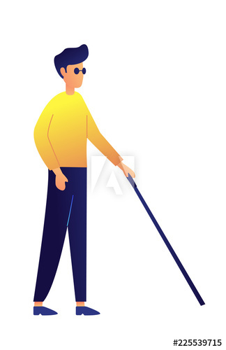 Young blind man in dark glasses walking with stick vector illustration Young blind man in dark glasses walking with stick vector illustration