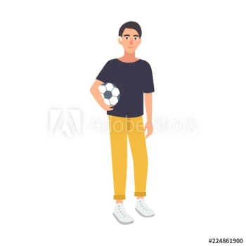 Young boy with hearing impairment holding soccer ball isolated on white background
