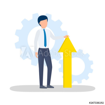 Young businessman holding yellow arrow pointing up Young businessman holding yellow arrow pointing up