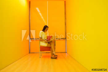 Young businesswoman using laptop in modern yellow office Young businesswoman using laptop in modern yellow office
