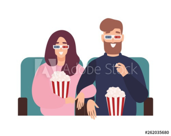 Young man and woman in 3d glasses watching film or movie together at cinema theater