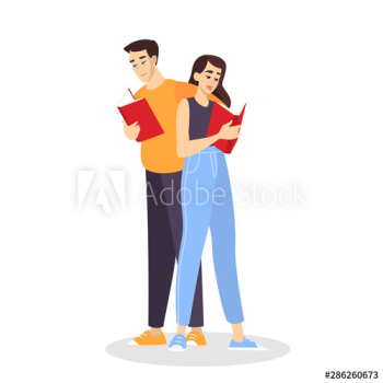 Young man and woman standing and reading