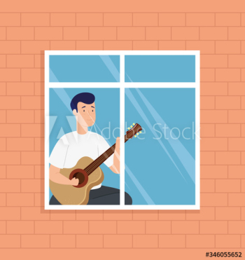 young man stay at home playing guitar in window design young man stay at home playing guitar in window design