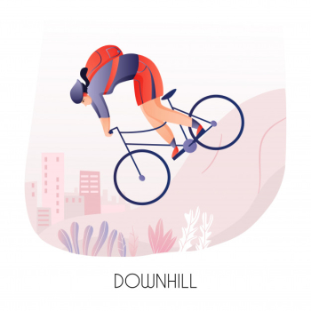 Young man with back pack during cycling ride down hill on city Free Vector