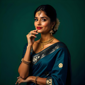 Young woman in traditional dark green sari