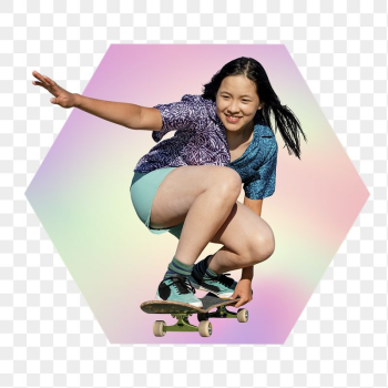 Young woman skateboarding png, hexagon | Free PNG - rawpixel