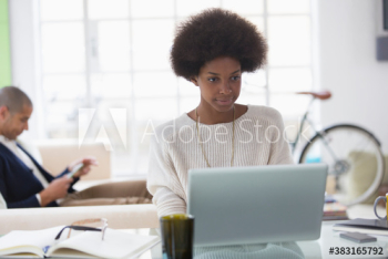 Young woman with afro working from home at laptop Young woman with afro working from home at laptop