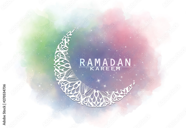 Abstract crescent moon graphic design and night sky watercolor digital art painting for Ramadan Kareem Muslim holy month concepts backgrounds