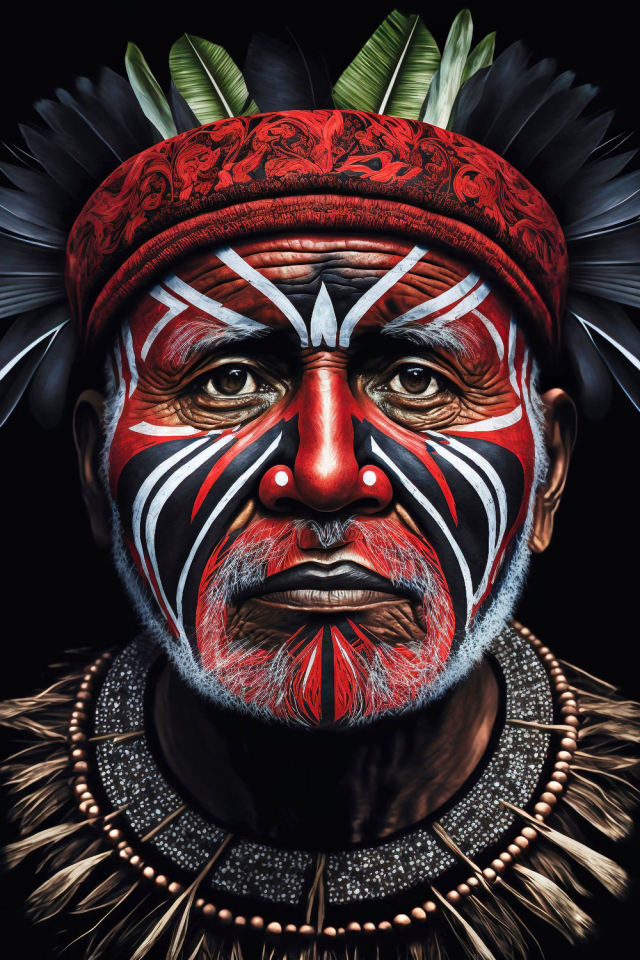 AI generated illustration of warrior portrait in shining armor with painted face, Papua ,New Guinea