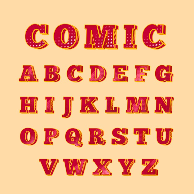 Alphabet with 3d comic style Free Vector