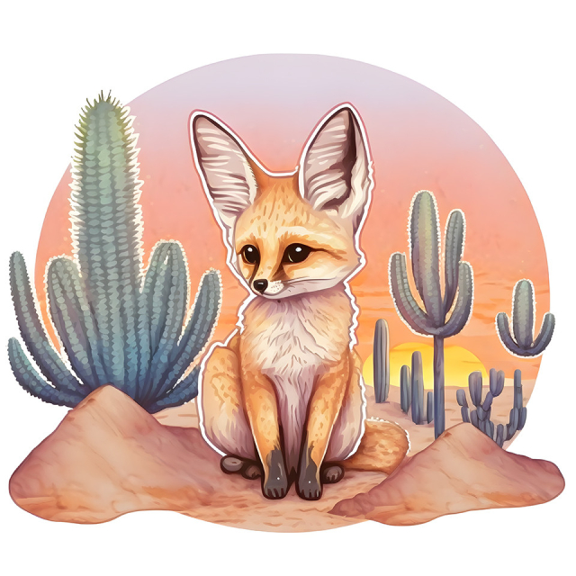 Art by A.I - a cute desert fox at sunset, surrounded by sand and cacti