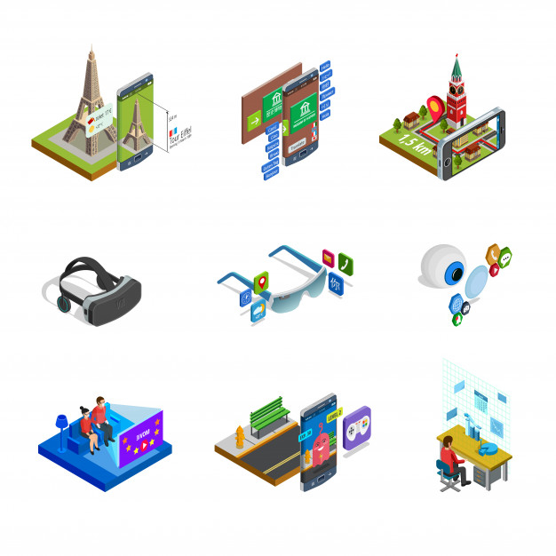 Augmented reality isometric icons set