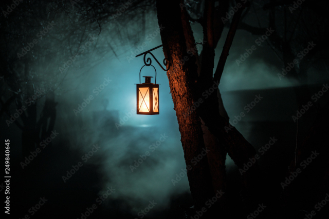 Beautiful colorful illuminated lamp in the garden in misty night. Retro style lantern at night outdoor.