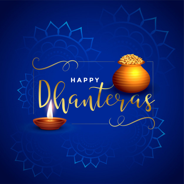 Beautiful dhanteras festival card with diya and kalash Free Vector