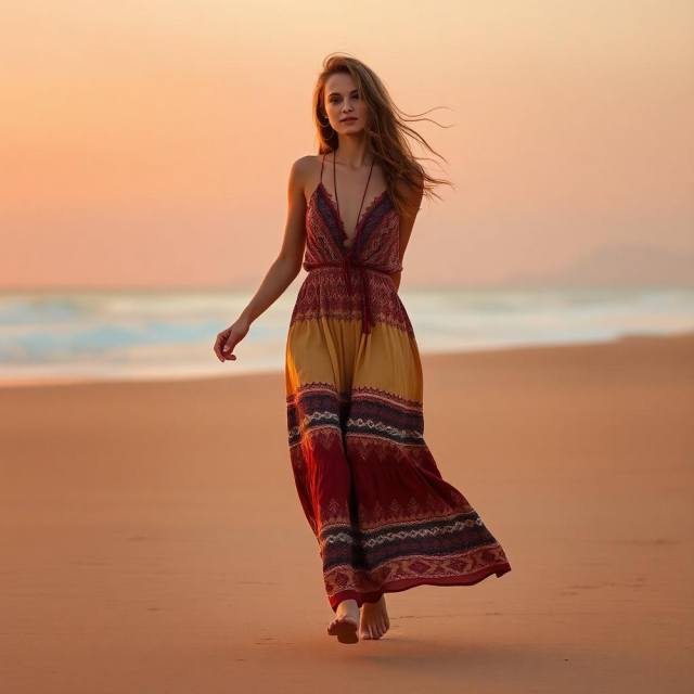 Beautiful Woman in Bohemian Dress Walking on Beach at Sunset