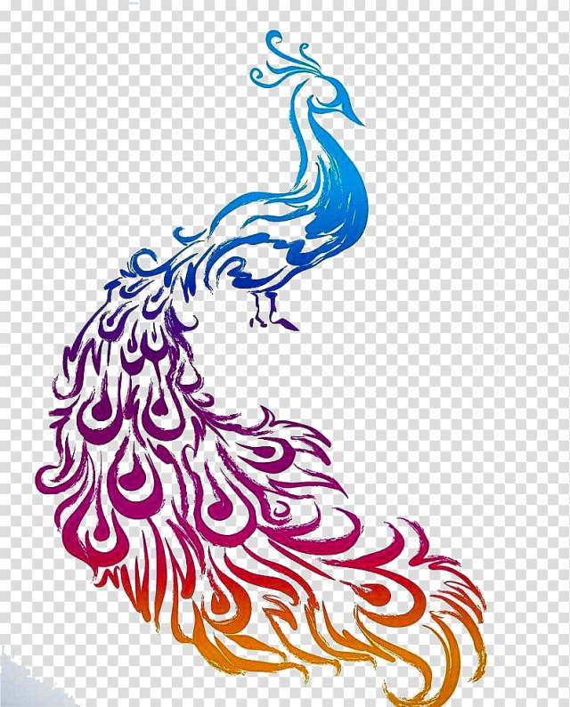 Blue, red, and orange peacock illustration, Diwali Diya Peafowl Rangoli, Hand painted Peacock transparent background PNG clipart