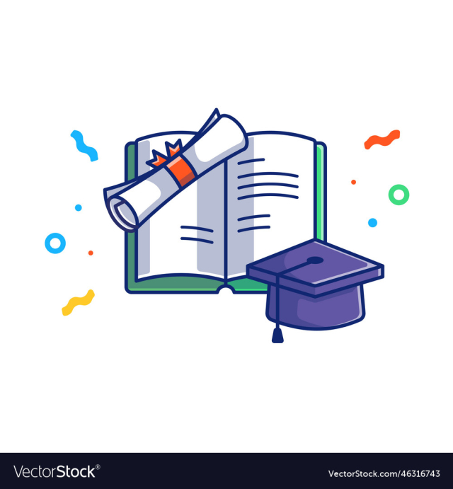 book with graduation hat and certificate cartoon