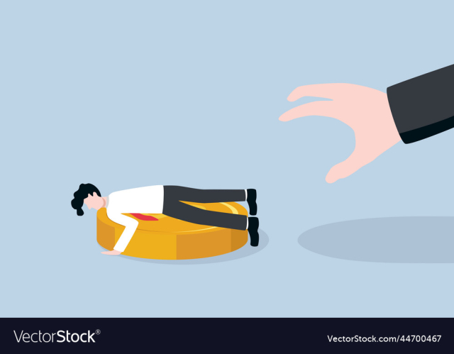 businessman lying face down cover big dollar coin