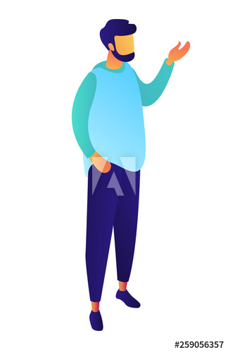 Businessman with raised hand speaking and thinking, tiny people isometric 3D illustration