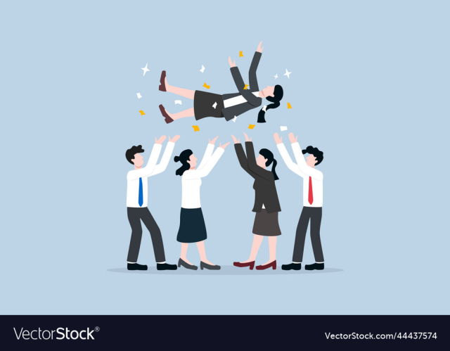 businesswoman being thrown into the air by staff