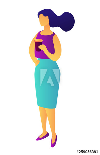 Businesswoman standing and drinking coffee, tiny people isometric 3D illustration