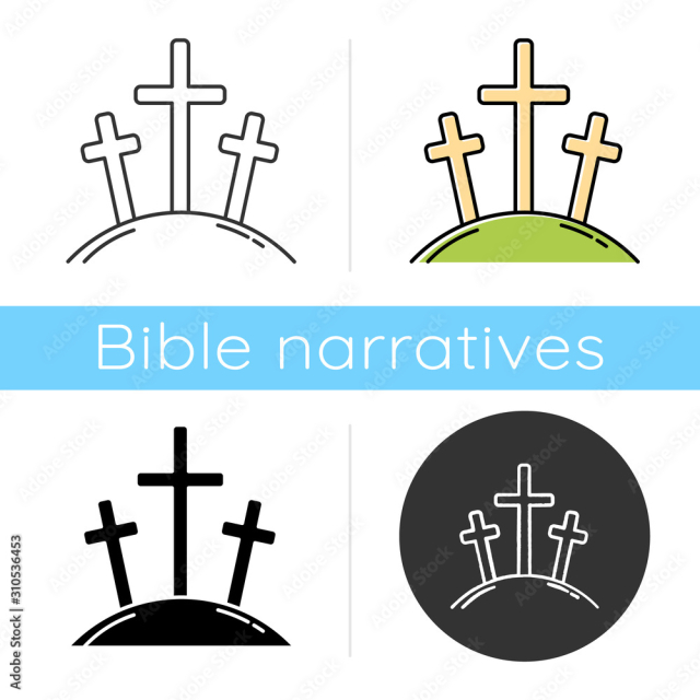 Calvary hill icon. Three crosses at Golgotha mountain. Crucifixion of Jesus Christ. Good Friday. New Testament. Bible narrative. Flat design, linear and color styles. Isolated vector illustrations
