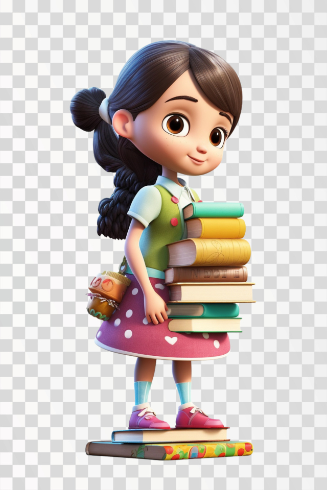 Cartoon Girl Bring Pile Books, PNG transparent background
