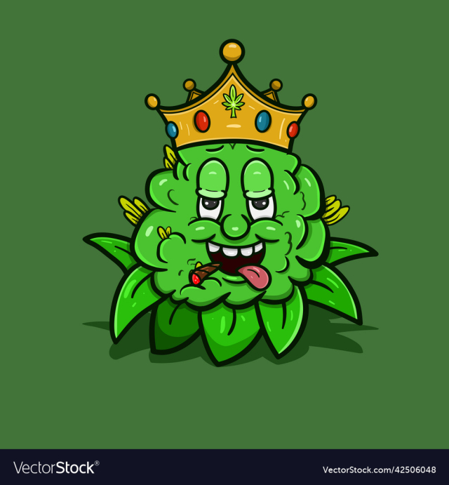 cartoon mascot of weed bud wearing crown