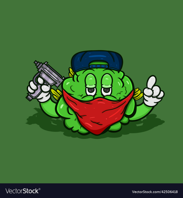 cartoon mascot of weed bud with gun and mafia