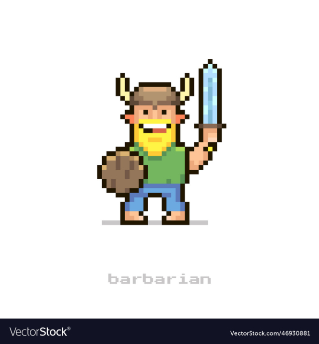 cartoon smiling viking holds an axe and a shield
