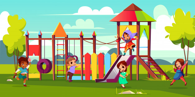 Children playground cartoon illustration with multinational, preschooler kids characters